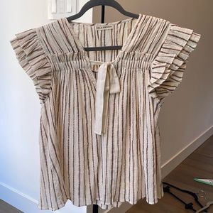 Ulla Johnson Flutter Sleeve Split Neck Blouse in cream, Size 4